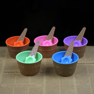 创意可爱冰淇淋杯 冰激凌杯 冰淇淋碗勺套装  塑料防摔甜品碗