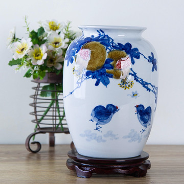 景德镇陶瓷器 大师手绘花鸟花瓶 现代简约中式家居工艺品客厅摆件