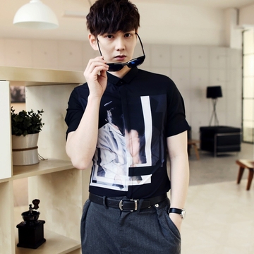 出口日韩爆款2015夏季新品男短袖衬衣 抽象设计修身短袖衬衣黑色