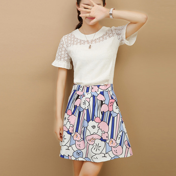 2015夏季新款名媛女装连衣裙蕾丝短袖蓬蓬a字裙短裙两件套套装女