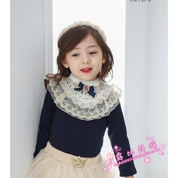 现货韩国进口童装正品代购2015冬款marianu女童加绒公主蕾丝T恤