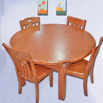 橡木实木餐桌椅可伸缩折叠组合一桌六椅圆形桌饭桌子6人特价家具