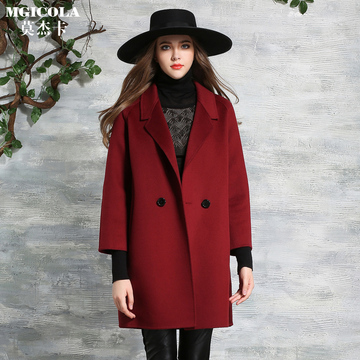 莫杰卡秋冬新款韩版复古西装领中长款纯色双面绒羊毛呢大衣外套