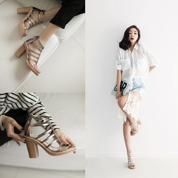 2015春夏季新款韩版性感绑带露趾粗跟高跟罗马凉鞋防水台拉链女