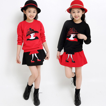 2015秋款 韩版中大女童裙套装 童装女童345678岁套裙红黑色两件套