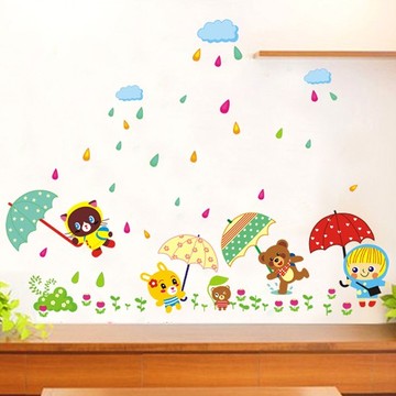 卡通动物雨伞墙贴纸儿童房卧室男孩女孩床头幼儿园玻璃装饰贴画