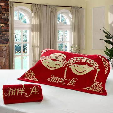 鑫泉特价 加厚纯棉枕巾 婚庆大红色 结婚礼物枕头巾一对 正品包邮