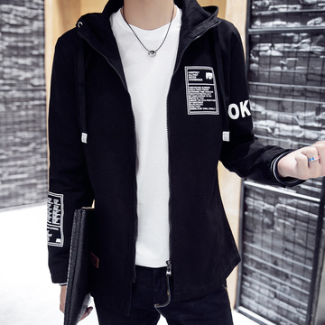 韩版休闲带帽夹克男2016秋装黑色修身薄款潮青年短款外套字母外套