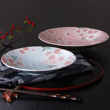 日本进口浮雕陶瓷餐具圆盘深盘鱼盘瓷盘饭盘子 漫舞樱花满138包邮