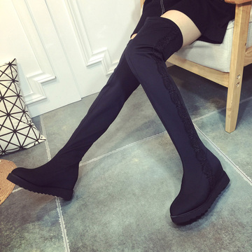 2015秋冬新款过膝靴女瘦腿弹力靴平底内增高长靴蕾丝边女靴高筒靴