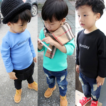 童装15冬装新款韩版小童男童女童圆领加绒打底衫宝宝婴儿长袖T恤