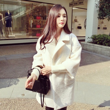 蘑菇街2015冬季新韩版女装仿羊羔宽松中长款淑女气质毛呢外套大衣