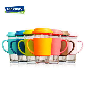 Glasslock三光云彩耐热钢化玻璃杯带盖把手水杯子隔热套吸管380ML