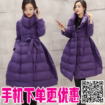冬装新款女立领加厚羽绒棉衣外套中长款紫色A字斗篷收腰裙摆棉服