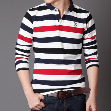 2015秋季男士长袖t恤韩版修身翻领条纹长款T恤衫男装青年纯棉体恤