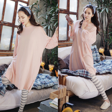 韩版爆款可爱女人春秋长袖睡衣棉质加肥加大休闲家居服套装可外穿