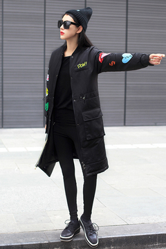 2015韩版冬季新款学院风个性贴标中长款棒球服棉衣时尚棉服潮女装