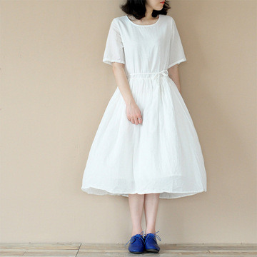 2015夏季新款 清新文艺显瘦 薄棉短袖 束腰白连衣裙