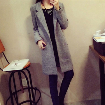 【糖糖家】2015新款秋冬装韩版显瘦毛呢中长款西装大衣呢子外套