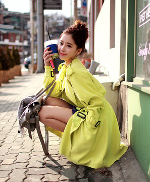 2014秋冬新款韩版女装果绿色中长款修身显瘦风衣外套女