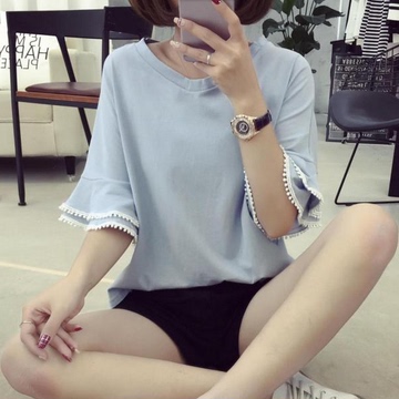 韩国夏季半袖少女装体恤衫大码宽松纯色短袖丅恤女学生休闲上衣服