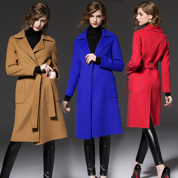 欧美高端毛呢外套2015冬新款呢子大衣女式风衣中长款系带羊毛大衣