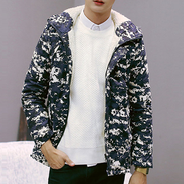 冬装男士棉衣男 青年韩版新款迷彩服连帽棉袄中长款加绒加厚外套