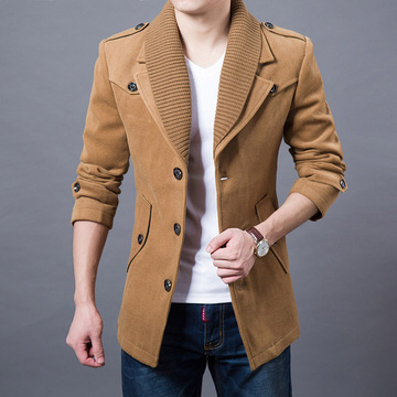 2015冬季羊毛呢子男士风衣中长款韩版修身夹克外套青年妮子大衣潮