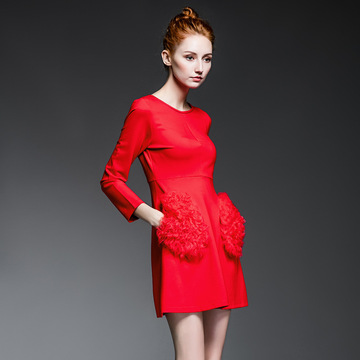 包邮 2016欧洲站春秋新款气质女装红色打底裙修身七分袖连衣裙