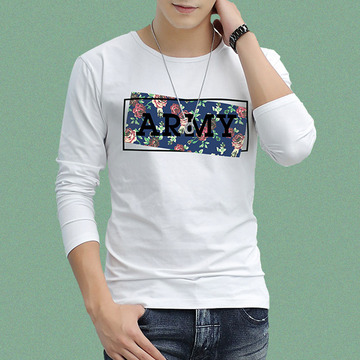 2015秋冬新品韩版青年男士长袖T恤 时尚修身圆领字母纯棉印花T恤