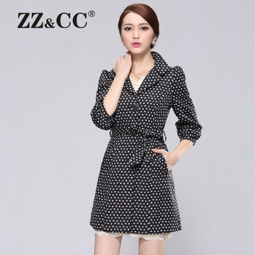 ZZCC2015秋季新款女装简约大码女中长外套西装领波点修身收腰风衣
