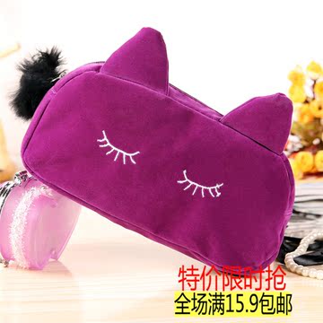 韩版可爱俏皮猫咪大容量化妆包便携手拿旅行丝绒洗漱包布艺收纳袋