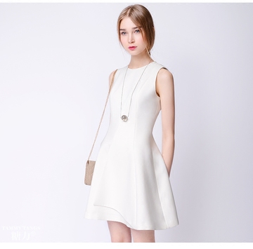 2016糖力春装新款欧美  白色时尚个性无袖圆领连衣裙收腰显瘦裙子
