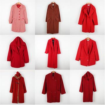 vintage古着日本韩国制孤品复古羊毛呢中长款大衣 红色系带宽