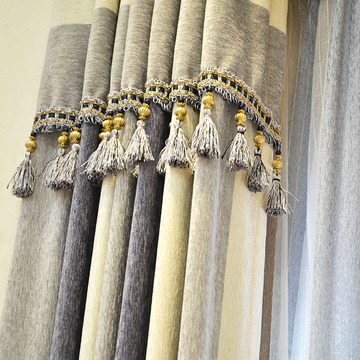 高档地中海/美式 双面竖条雪尼尔灰色拼接客厅卧室冬季窗帘成品