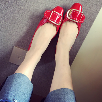 韩版秋季新款 漆皮大红色搭扣套脚瓢鞋 平跟平底女鞋舒适个性单鞋
