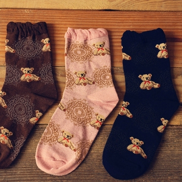 日系复古女士棉袜 创意小熊中筒袜 韩国可爱袜子 学生秋冬短袜