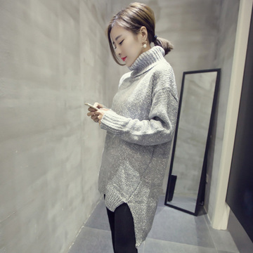 2015冬装新款韩版高领长袖套头宽松杂色开叉针织毛衣女潮