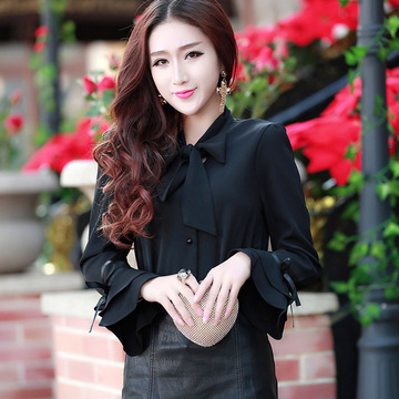 2016春装新款韩版修身花瓣袖长袖打底衬衫女ol衬衣