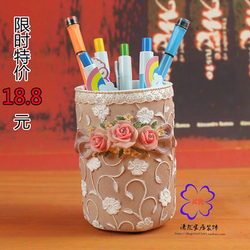韩版田园时尚创意笔筒摆件玫瑰手绘欧式化妆刷收纳笔筒生日礼物