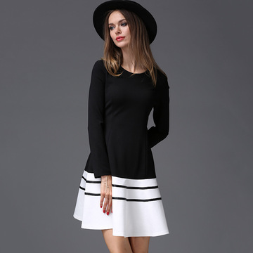OIDI原创设计2016年欧美风女装经典黑白拼色束腰大摆连衣裙