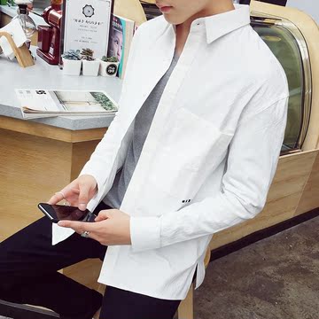 秋装韩版男士纯色休闲长袖衬衣青少年百搭白衬衫纯棉宽松寸衣潮流