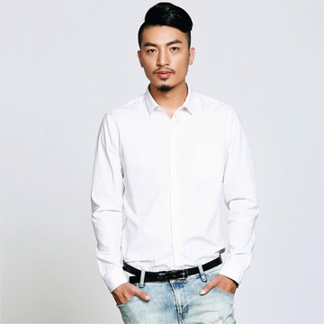 2014秋冬男装新款纯色韩版修身长袖衬衣 白色全棉衬衫男