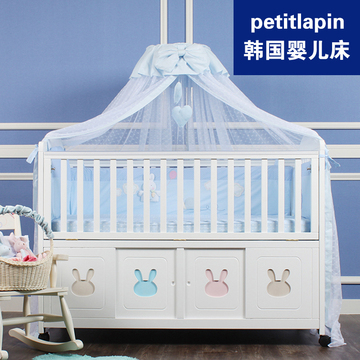 韩国petitlapin婴儿床实木欧式白色环保无味多功能折叠宝宝床bb床