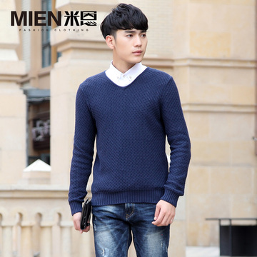米恩男士毛衣秋装新款韩版针织衫复古修身毛衣V领套头男款薄毛衫