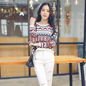 2015韩国东大门女装秋冬季新款复古民族风长袖包芯纱针织衫