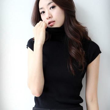 2015秋冬韩版女装高领短袖针织衫套头毛衣女半袖纯色显瘦打底上衣