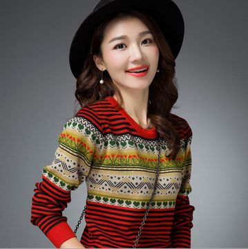 2015秋冬韩版针织衫女套头短款毛衣修身显瘦长袖撞色羊毛打底衫潮