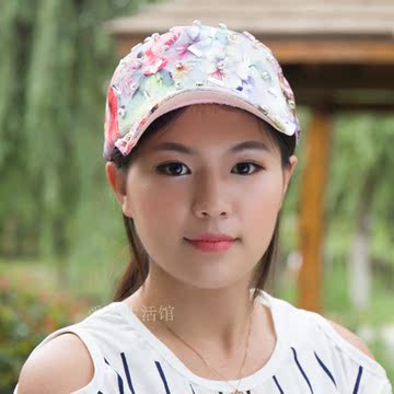 韩版潮夏季女士帽子 透气防晒时尚彩钻花朵蕾丝棒球帽休闲鸭舌帽