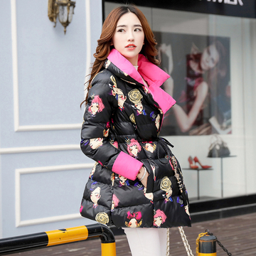 2015冬季新品女装韩版中长款时尚印花羽绒棉服系带显瘦保暖棉衣
